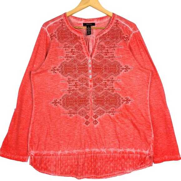 Womens Top Large Red Embroidered Geometric Boho Chic Peasant Hippie Tunic Casual - Picture 1 of 5